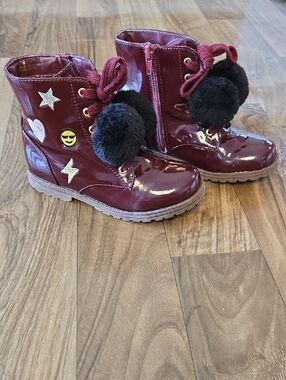 Rampage Girls Burgundy Patent Pom-Pom Lace-Up Boots